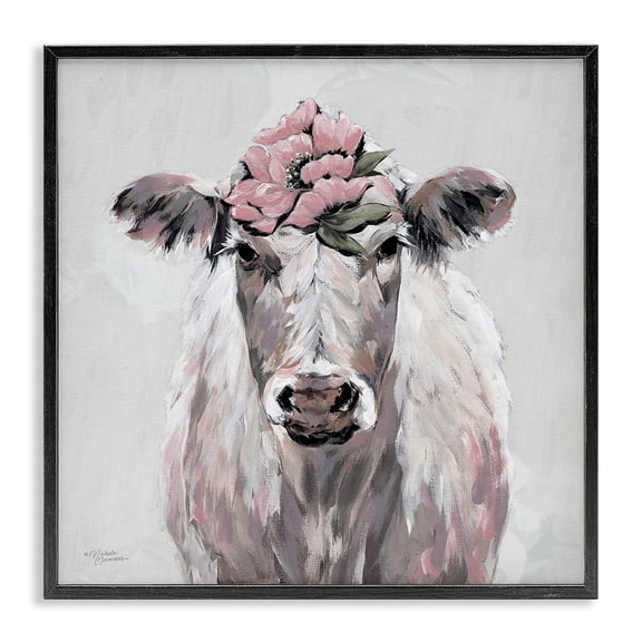 Stupell Industries Shabby Chic Cow Cattle Flower Blossom Botanical Painterly Illustration Black Framed Giclee Art, 12 x 12, by Michele Norman
