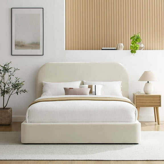 Keynote Performance Velvet Curved Queen Platform Bed in Alabaster
