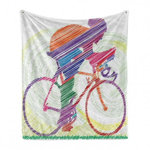 Modern Soft Flannel Fleece Throw Blanket, Sketch Hand Drawn Image of a Cycling Man on Bike Sun Grass Artwork Print, Cozy Plush for Indoor and Outdoor Use, 50" x 60", Multicolor, by Ambesonne