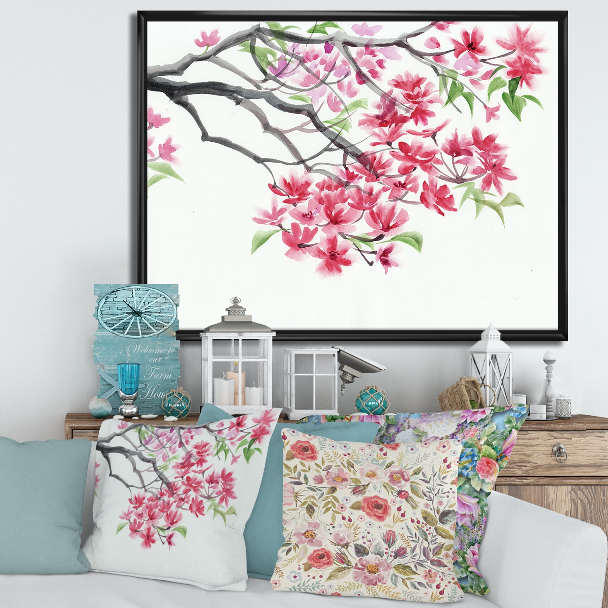 Designart 'Red Blossoming Tree On White' Traditional Framed Canvas Wall Art Print