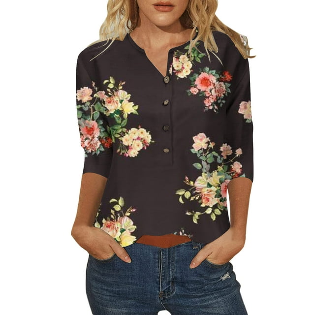 Long Sleeve Blouses for Women Womens Fashion Three Quarter Sleeve Retro V-Neck Easter Printed Loose Tops Blouse Womens Tops Long Sleeve Women Blouses and Tops Fashion