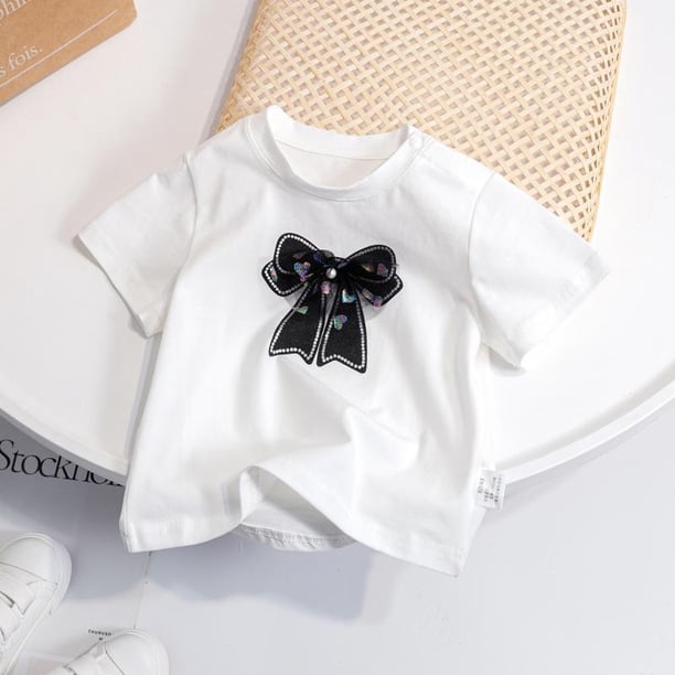 Ropa para niñas pequeñas de 0 a 6 años, camiseta de algodón de verano, camiseta infantil de manga corta, camisetas con lazo de dibujos animados bonitos, camiseta para niños de 90cm Gao Jinjia LED