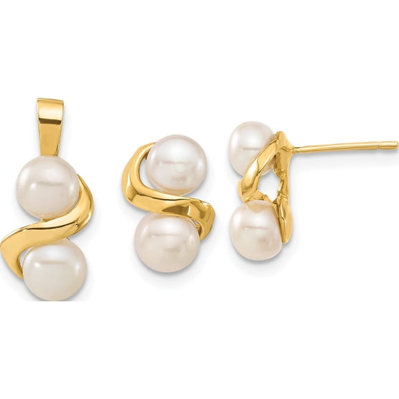 14K Yellow Gold 5-6mm White Button Fwc Pearl Earring And Pendant Set Made In Canada xf623set