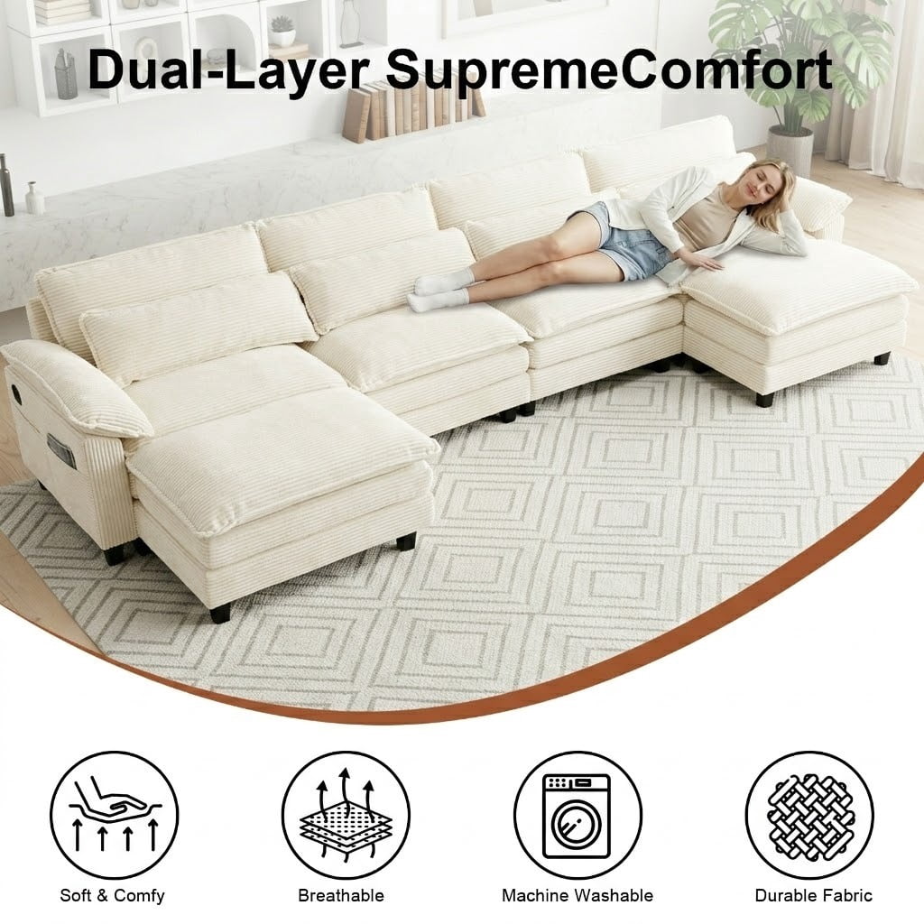 Howcool 148" Modular Sectional Sofa , 4 Seater U-Shaped Cloud Couch with Movable Ottoman, USB Charging Ports & Side Pockets, Sectional couchs for Living Room,Chenille Fabric,Beige(Thick Sponge)
