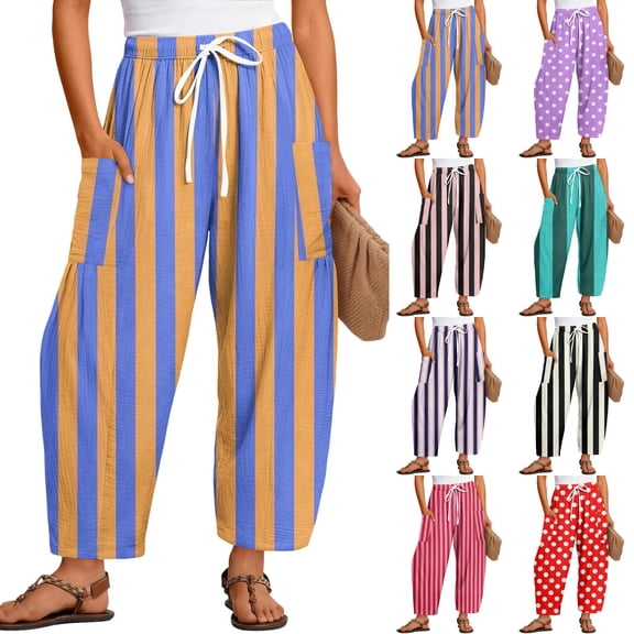 VV AVEORS Striped Barrel Linen Pants For Women, High Waisted Drawstring Wide Leg Baggy Pants, Fall Fashion Palazzo Trousers With Pockets Purple S