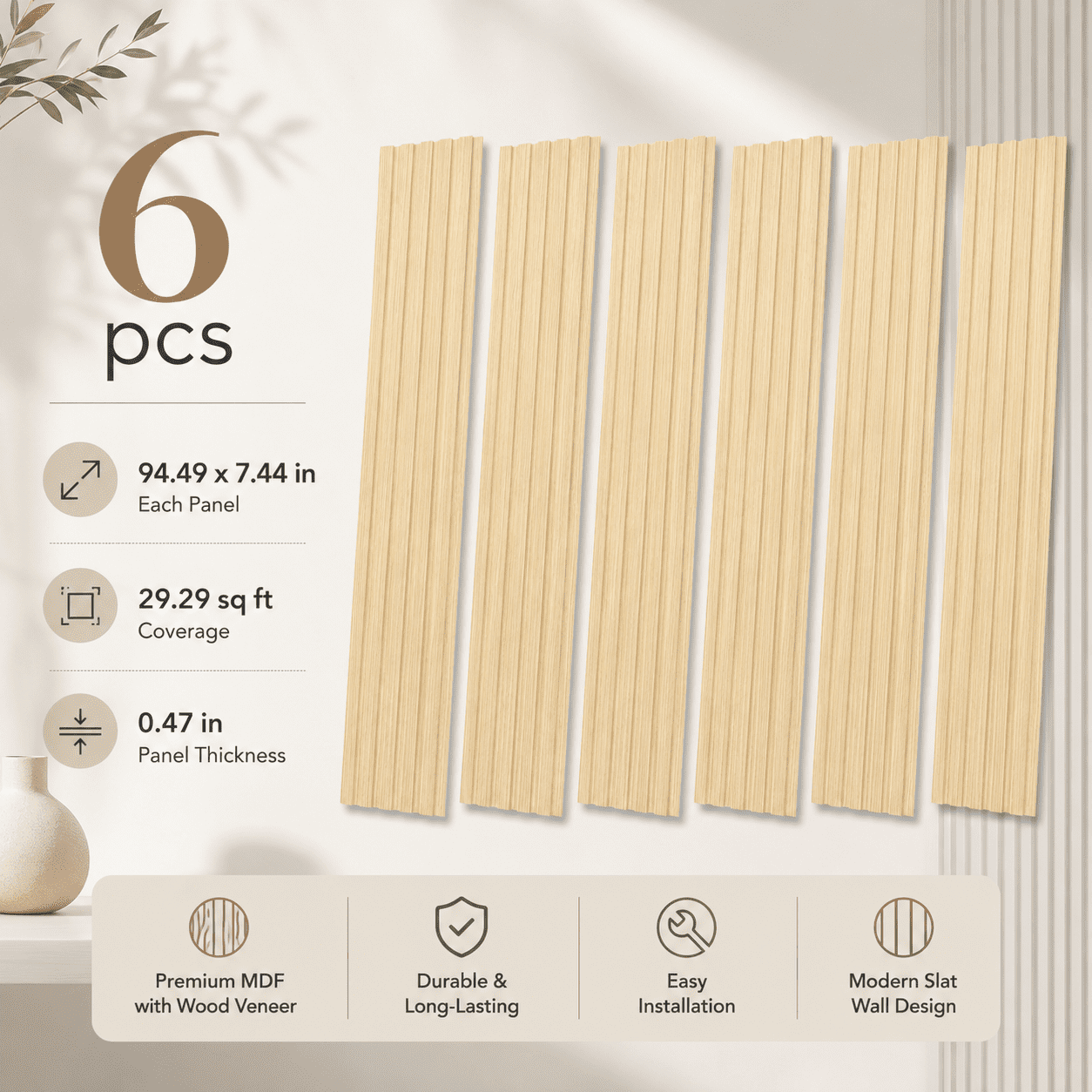 Yeslife 6 pcs Slat Wall Panels, 94.49 x 7.44 in, Oak MDF, 3D Decorative Design for Interior Walls and Ceilings