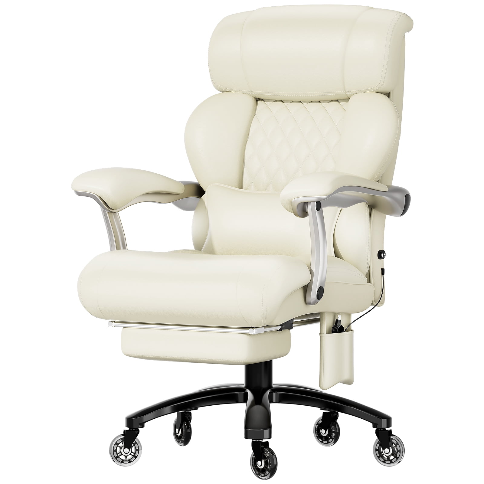 Big and Tall 700LBS Heavy Duty Executive Office Chair with Metal Base, Linkage Armrest, Footrest, Extra Thick Wide Cushion, Silent Rubber Wheels, Cream