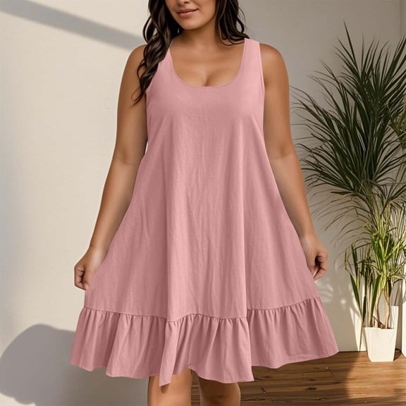 Elvqul Summer Dresses for Women Pullover Sleeveless Mini Dresses Plus Size Pink Scoop Neck Juniors Tank Dresses Plian