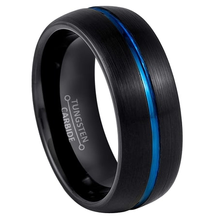 Jewelry Avalanche 8mm Black Dome Tungsten Carbide Wedding Band Blue Trim Center Groove, Mens Anniversary Ring