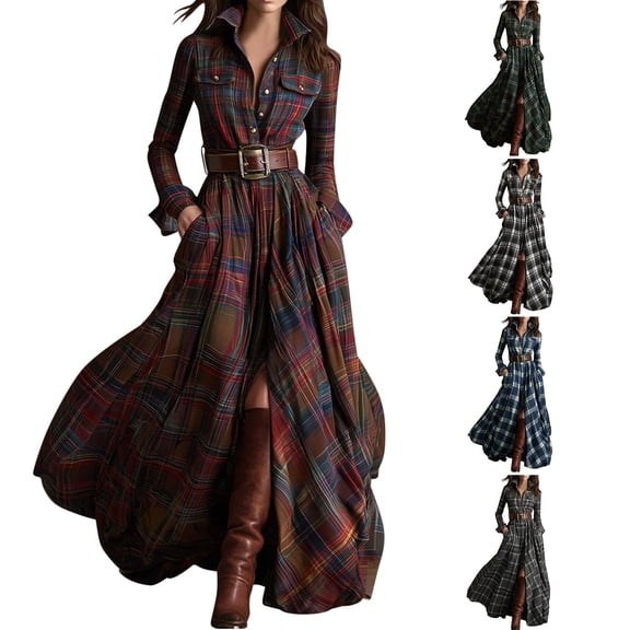 qucoqpe Plaid Maxi Dress for Women Fashion Vintage Lapel Long Sleeve Boho Dresses Loose Casual Buttons Belt Long Dress