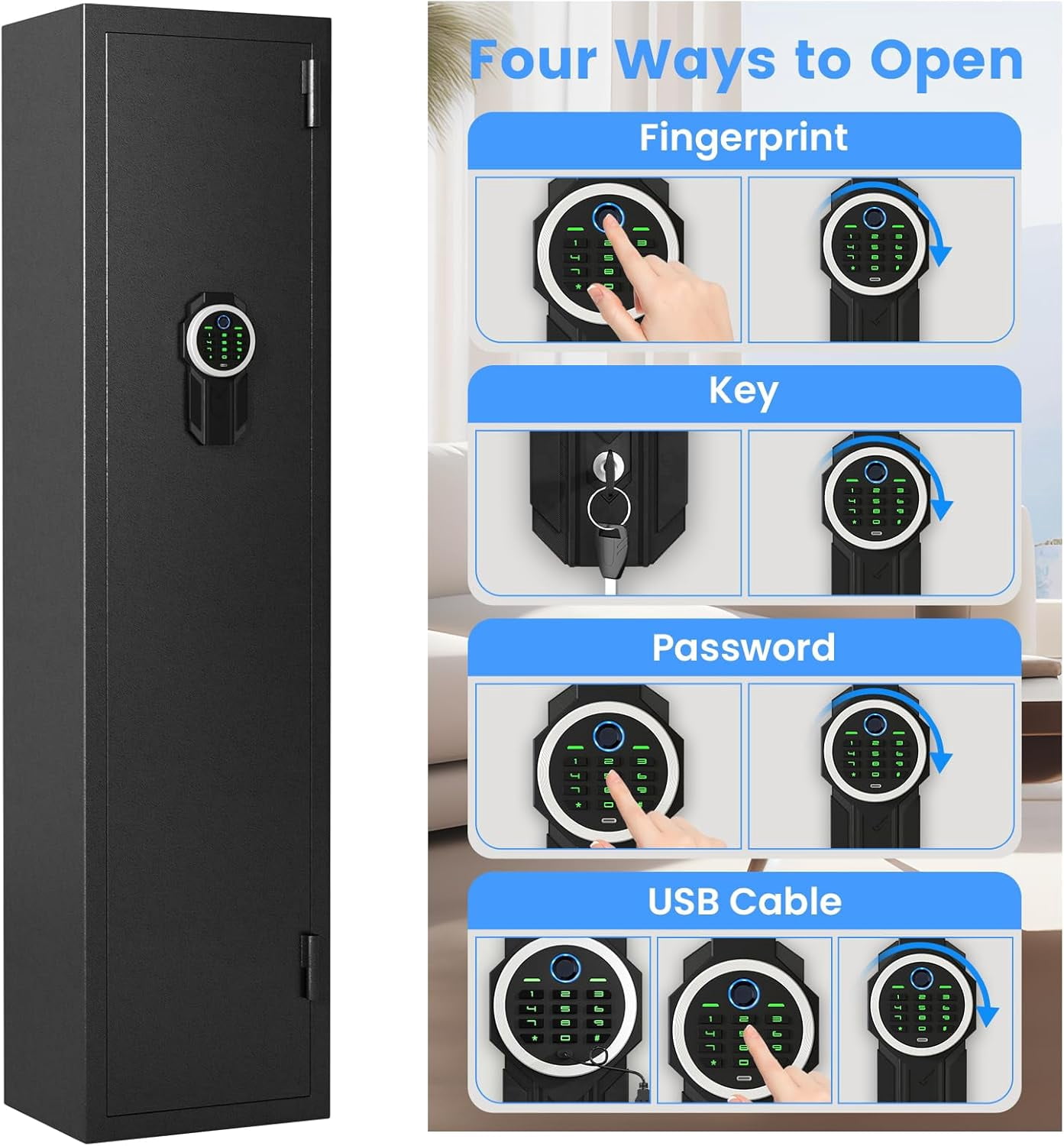 1-2 Fingerprint Gun Safes for Home - Quick Access Long Gun Safe with Dual Alarm & Mute Mode