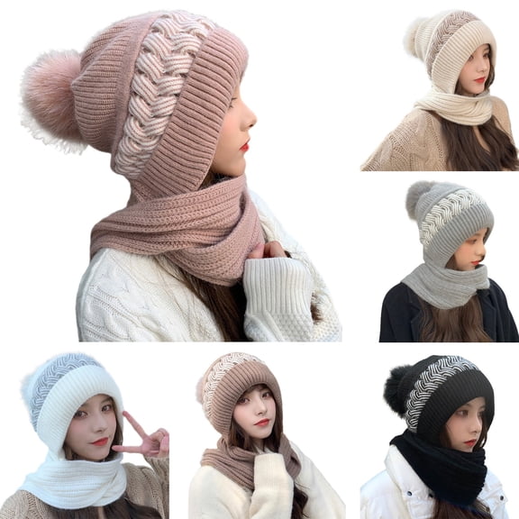 Lispipm Women Scarf Hats Set Earflap Warm Winter Windproof Knitted Beenie and Long Neckerchief Integrated for Outdoor Beige