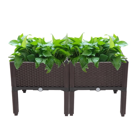 2-Pack Brown Self-Watering Modular Garden Planter Boxes – Free Assembly, Rattan Design for Indoor/Outdoor Use