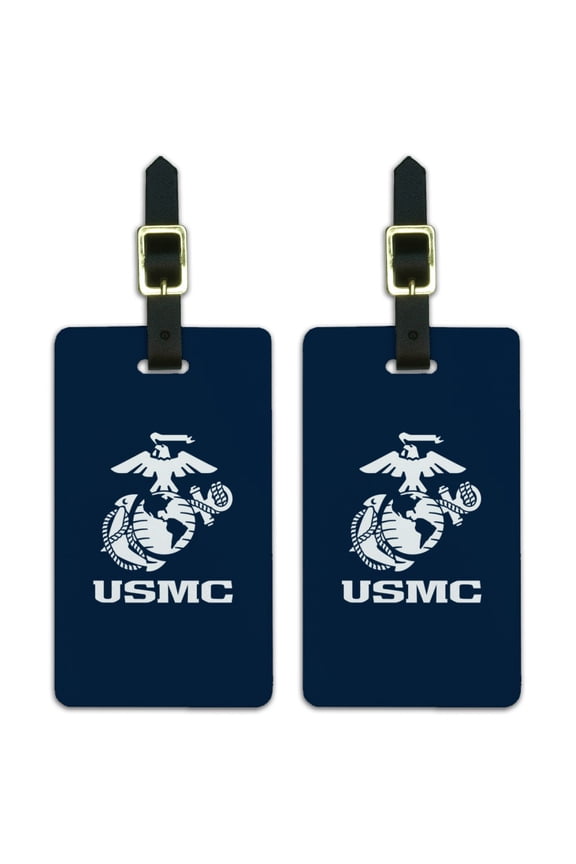 Marine Corps USMC Text White Logo on Blue Officially Licensed Luggage ID Tags Suitcase Carry-On Cards - Set of 2