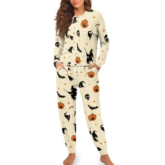 SCRAWLGOD Halloween Women's Long-Sleeve Tops and Full-Length Pajama Set with Breast-Pocket Two-Piece Wrinkle-Free Comfortable Pjs with Pockets Drawstring, Pumpkin Bat Star Witch Beige, S