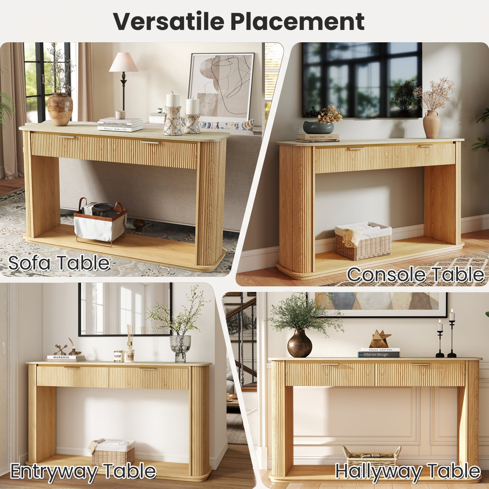 Leumius 63" Modern Curved Edge Entryway Sofa Table with Rose Gold Trim, 2 Drawers and Open Storage Shelf, Accent Hallway Table for Living Room Home Decor