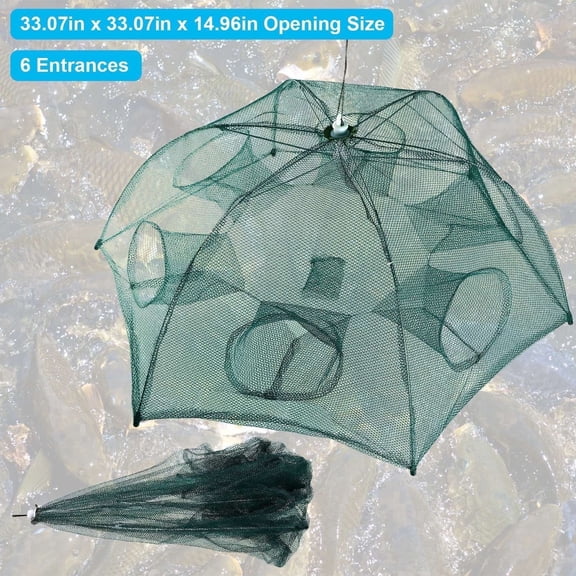JelyHT 6 Hole Foldable Bait Fishing Trap net, Nylon Mesh Steel Frame Portable Net for Minnow Crawfish Shrimp