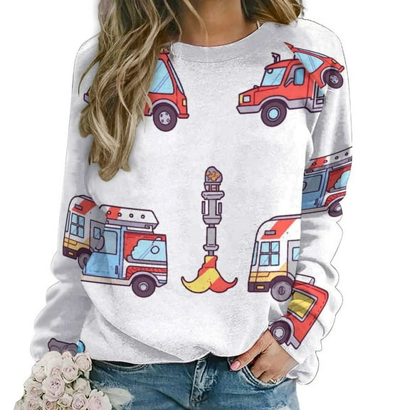 Fire Engine Car Truck Womens Oversized Sweatshirts Hoodies Crewneck Casual Tops Comfy FallWinter Clothes 2024