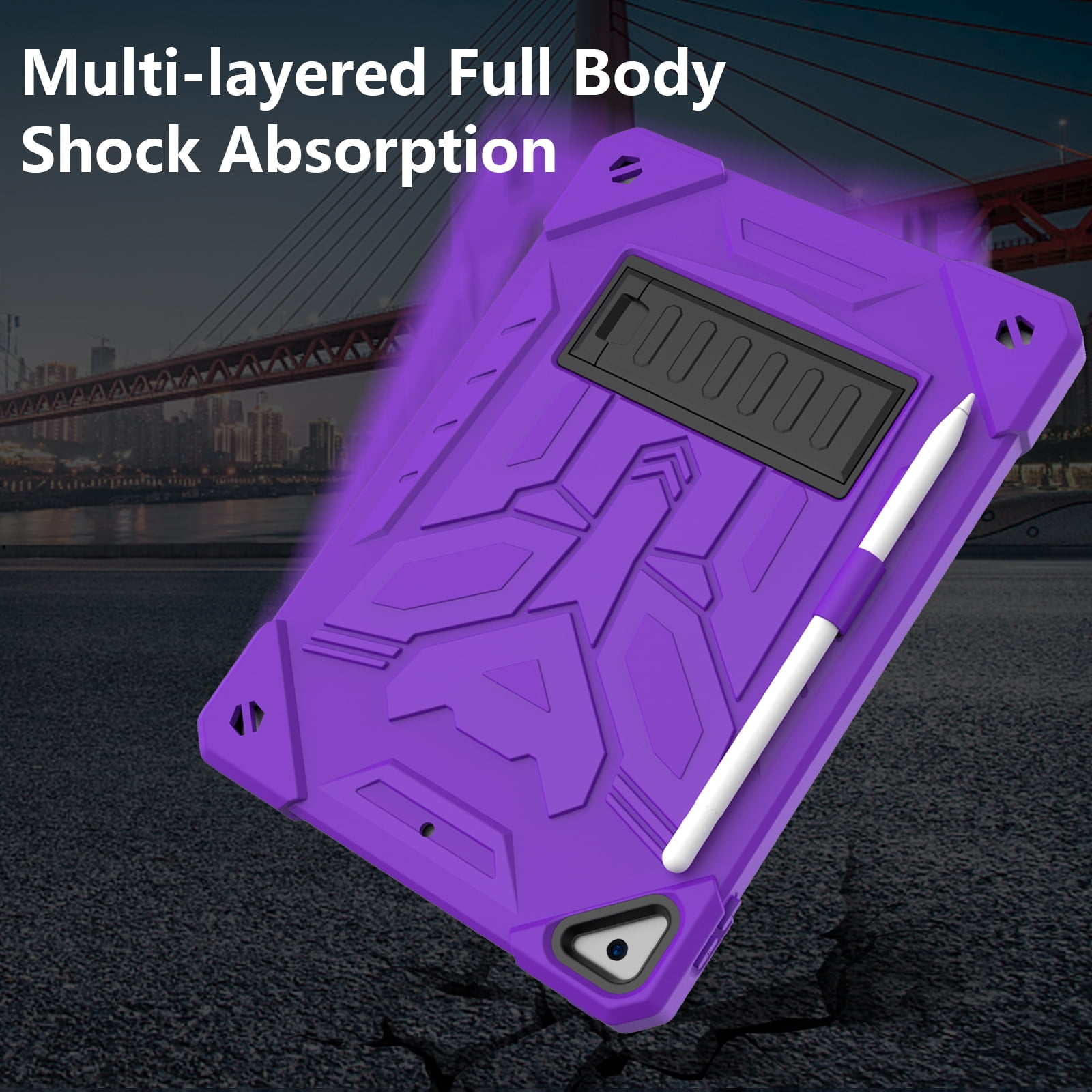 ELEHOLD Hybrid Rugged Case for iPad 9th/8th/7th Gen 10.2 2021/2020/2019, Heavy Duty Shockproof Case with Hidden Foldable Kickstand Adjustable Crossbody Shoulder Strap Pencil Holder,Purple