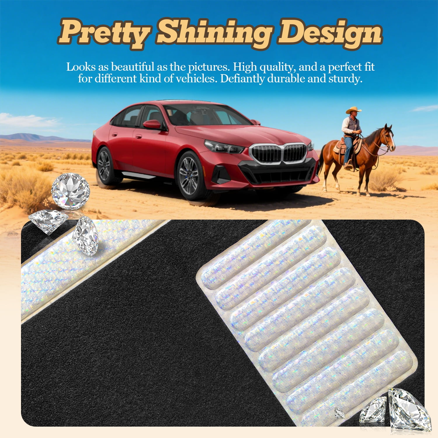 4 Pcs Bling Car Floor Mats with White Diamond Crystal, Universal Fit Carpet Liners for Women Girls, Non-Slip Waterproof (Black + White Diamond Crystal)