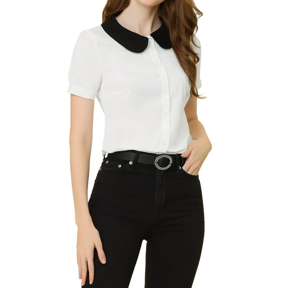 INSPIRE CHIC Women's Work Office Contrast Peter Pan Collar Short Sleeve Blouse Shirt XS White