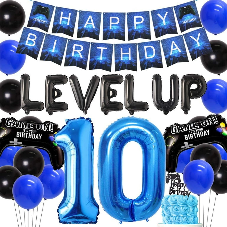 Video Game 10th Birthday Party Decorations for Boys Blue 10 Years Old Happy  Birthday Banner Balloons Level up and Game Controller Foil Balloons 