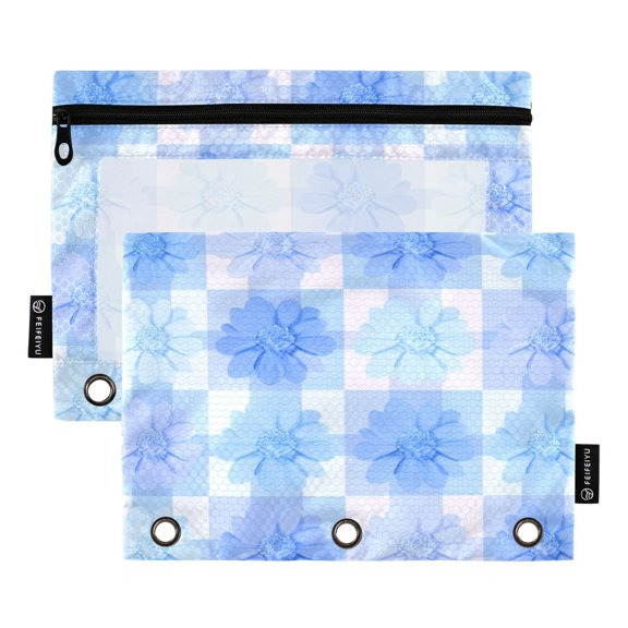 2 Pack 3 Ring Binder Pouch with Clear PVC Window Water Resistant Zipper Pencil Pouch Cute Blue Gingham Flowers Binder Pocket for Classroom Office Home Stationery Organization