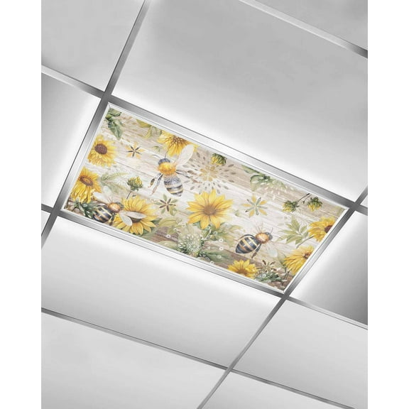 Fluorescent Light Covers for Ceiling Lights 1 Pack, Sunflower Magnetic Ceiling Light Covers 2x4ft for Classroom Office School, Vintage Summer Bee Botanical Farmhouse Overhead Drop Ceiling Light Shade
