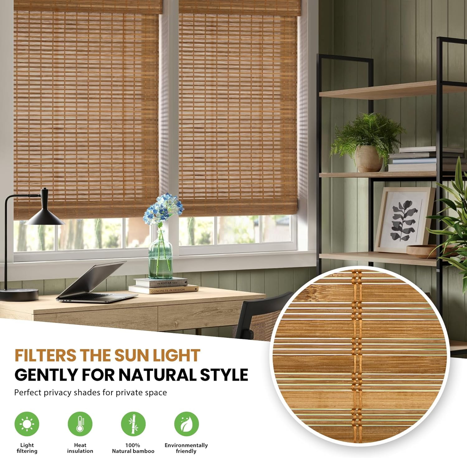 LazBlinds No Tools No Drill Cordless Bamboo Roman Shades, Light Filtering Window Treatment, Roll Up Bamboo Blinds for Window 47'' W x 64'' H, Squirrel