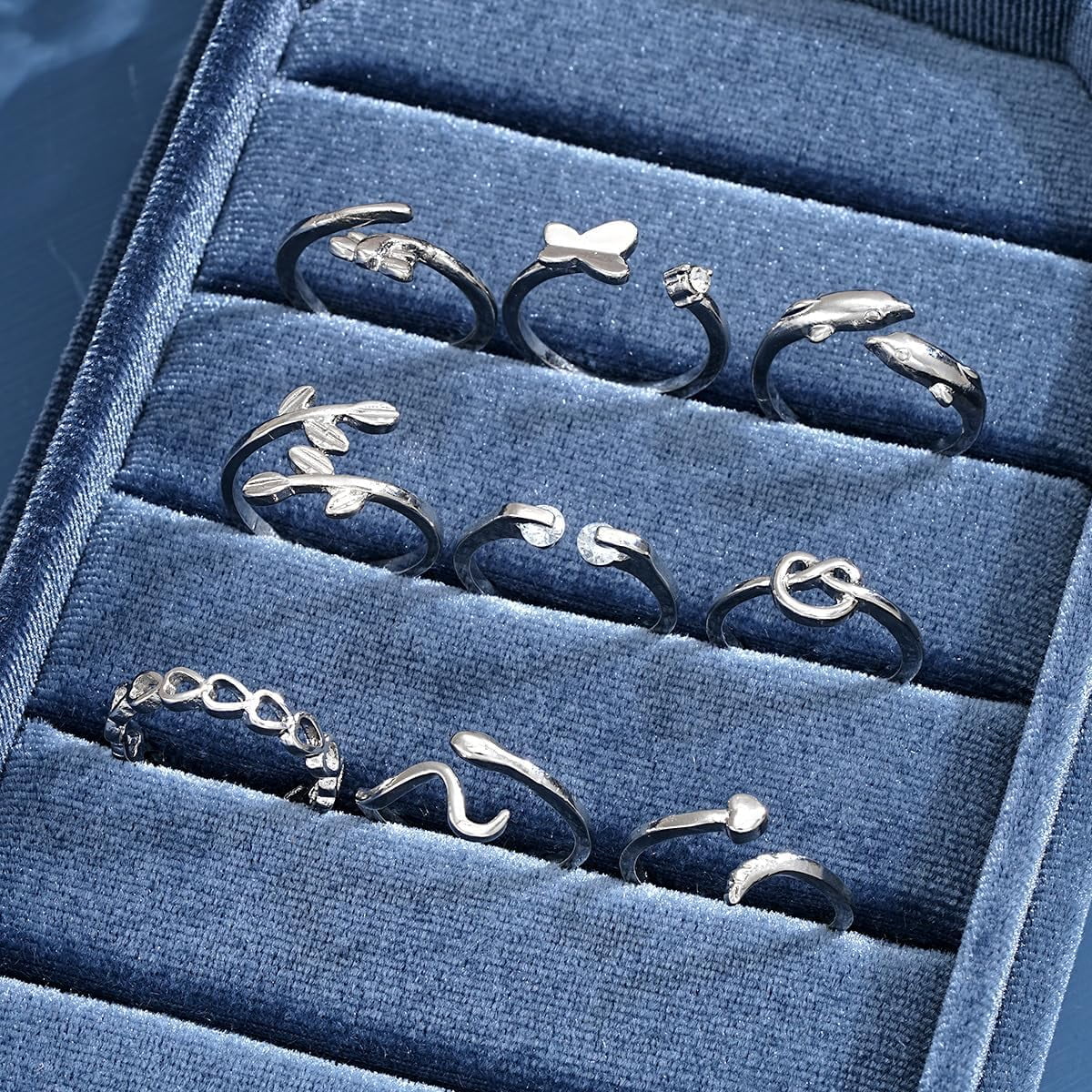 9Pcs Platinum Plated Alloy Cuff Toe Rings Mixed Shapes Leaf Heart Butterfly Design 16-18mm Inner Diameter Jewelry Accessories for Women