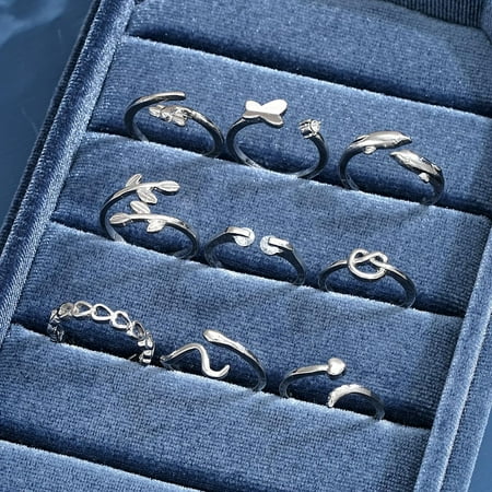 9Pcs Platinum Plated Alloy Cuff Toe Rings Mixed Shapes Leaf Heart Butterfly Design 16-18mm Inner Diameter Jewelry Accessories
