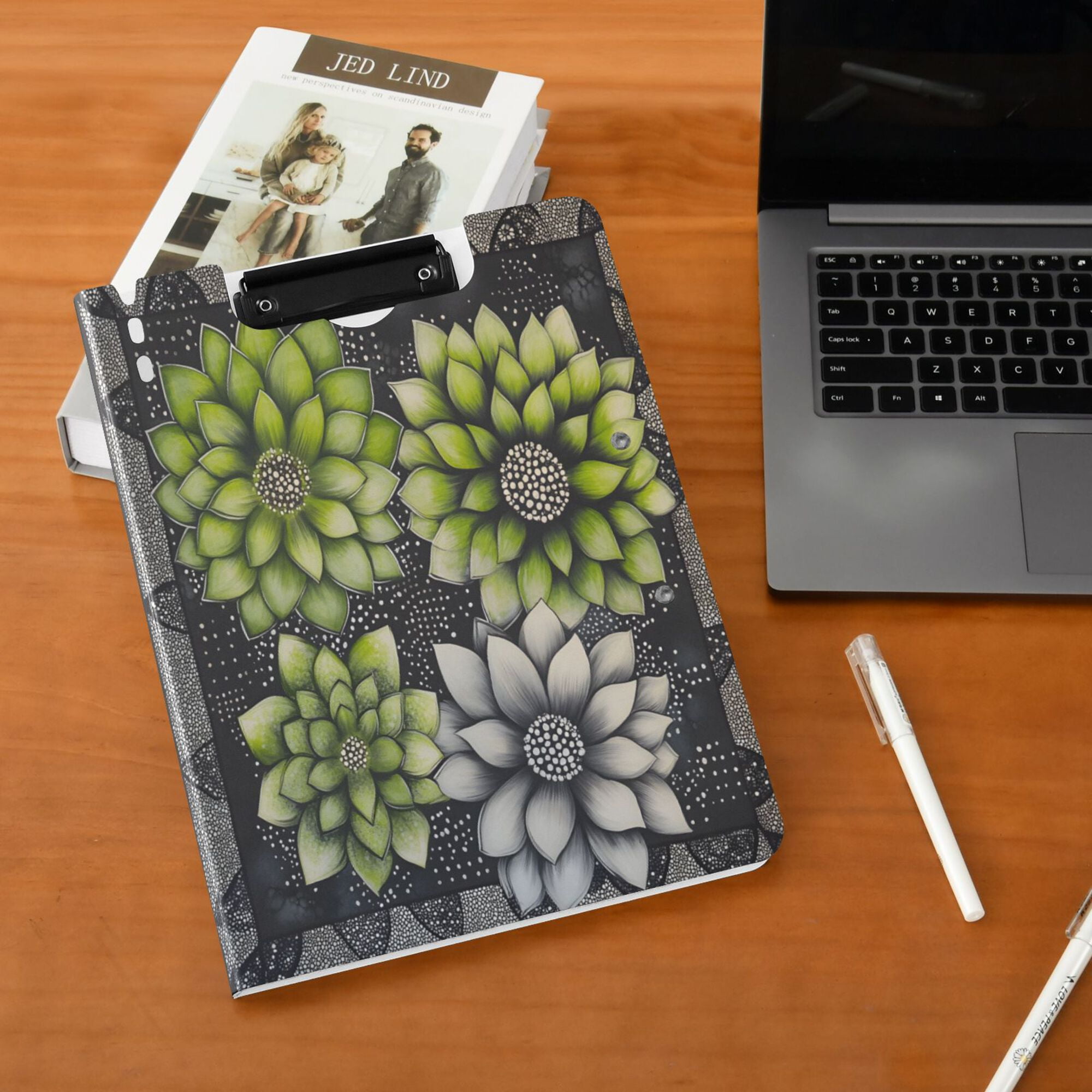 FORMRS A4 Clipboard Folder with Pen Holder Horizontal Foldable School Office Binder, Gray Floral