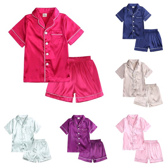 REDARER Boys Girls Solid Satin PJs Lapel Short Sleeve Button Top Matching Elastic Shorts Soft Silky Summer Kids Sleepwear Set,6-7 Years