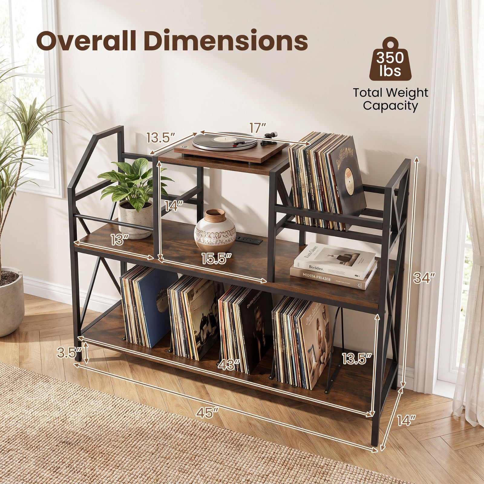 Furnibear Record Player Stand with Power Outlets Vinyl Storage and Album Dividers for Turntables Speakers and Living Room Audio, Rustic Brown