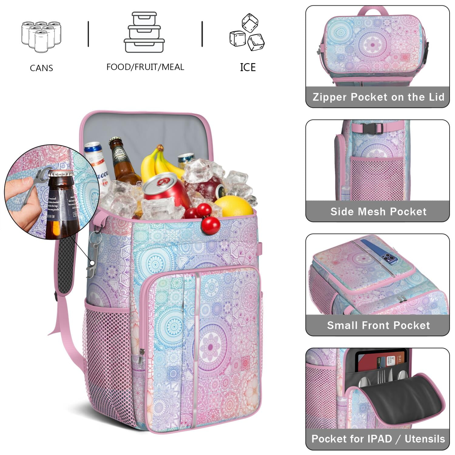 Travel Cooler Bag - Boho Bohemia Flower Camping Beer Cooler Backpack with Bottle Opener- Waterproof Insulated Picnic Backpacks - Cooler Bag for Beach