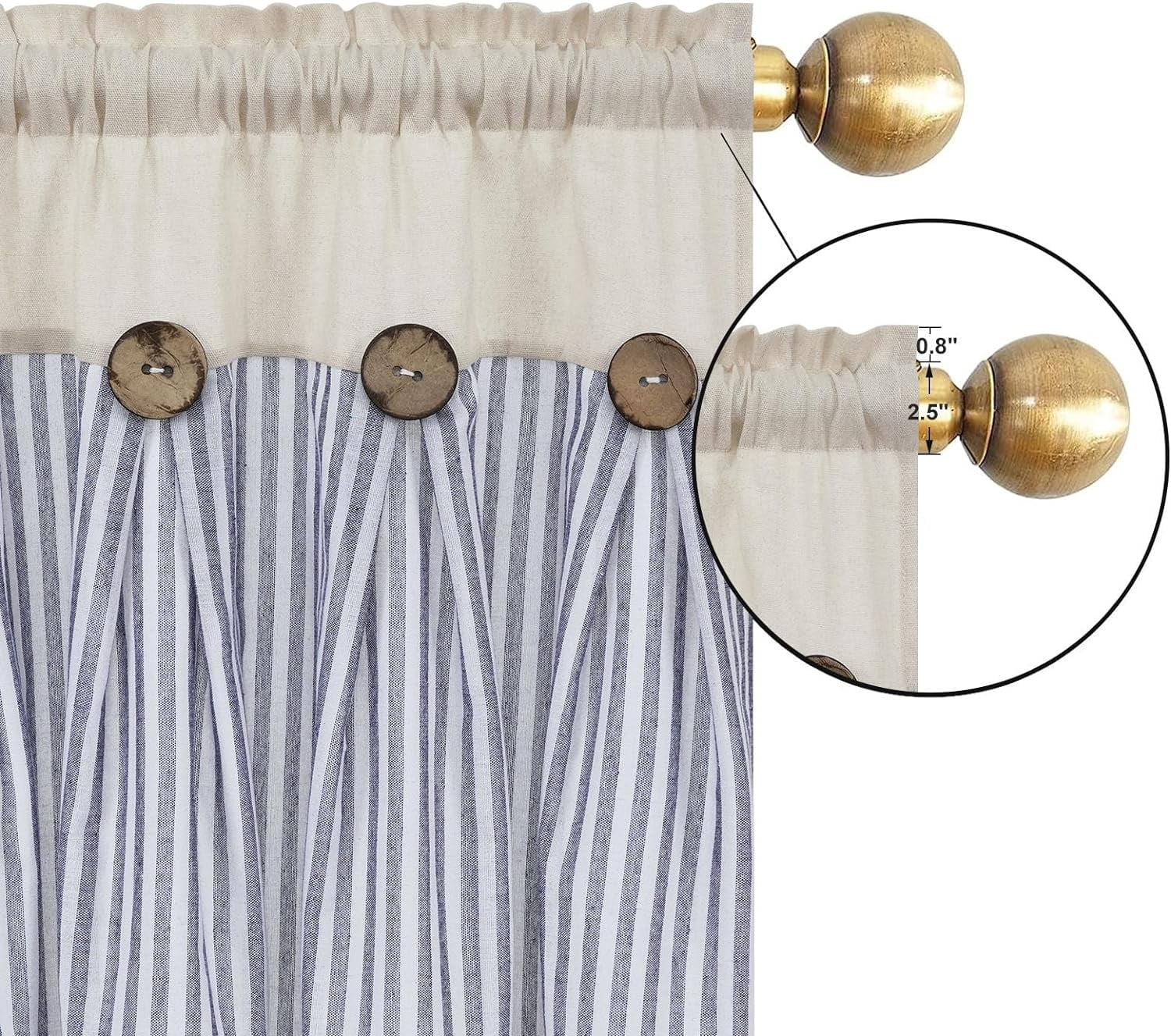 Alishomtll Stripe Kitchen Curtains 8 Button Linen Cotton Window Curtains Sets 24 Inches Long ,Rod Pocket ,Blue