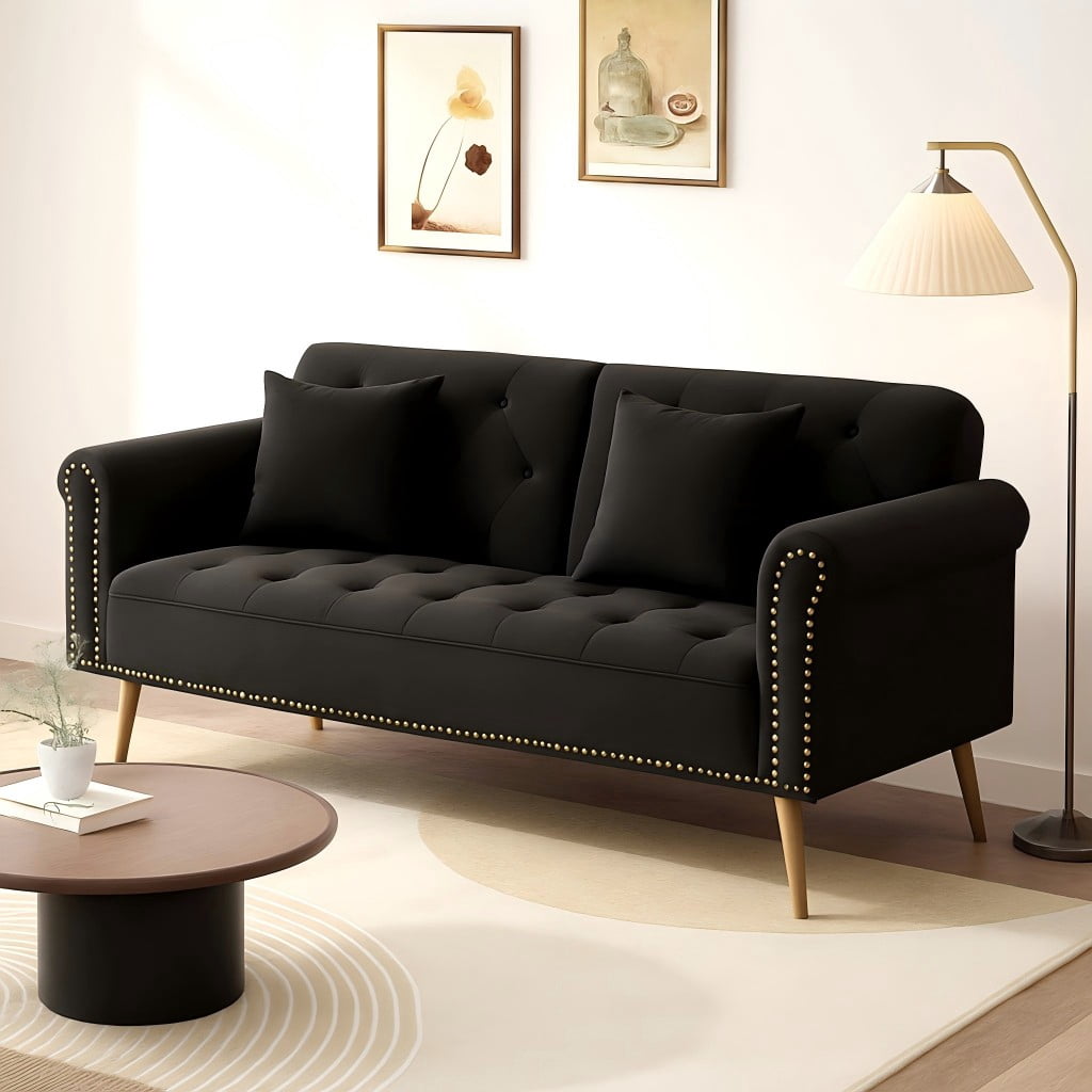 Convertible Futon Sofa Bed,Modern Velvet Upholstered Loveseat Sofa Nailhead Sleeper Couch Bed with Two Pillows for Living Room,Bedroom,Black02