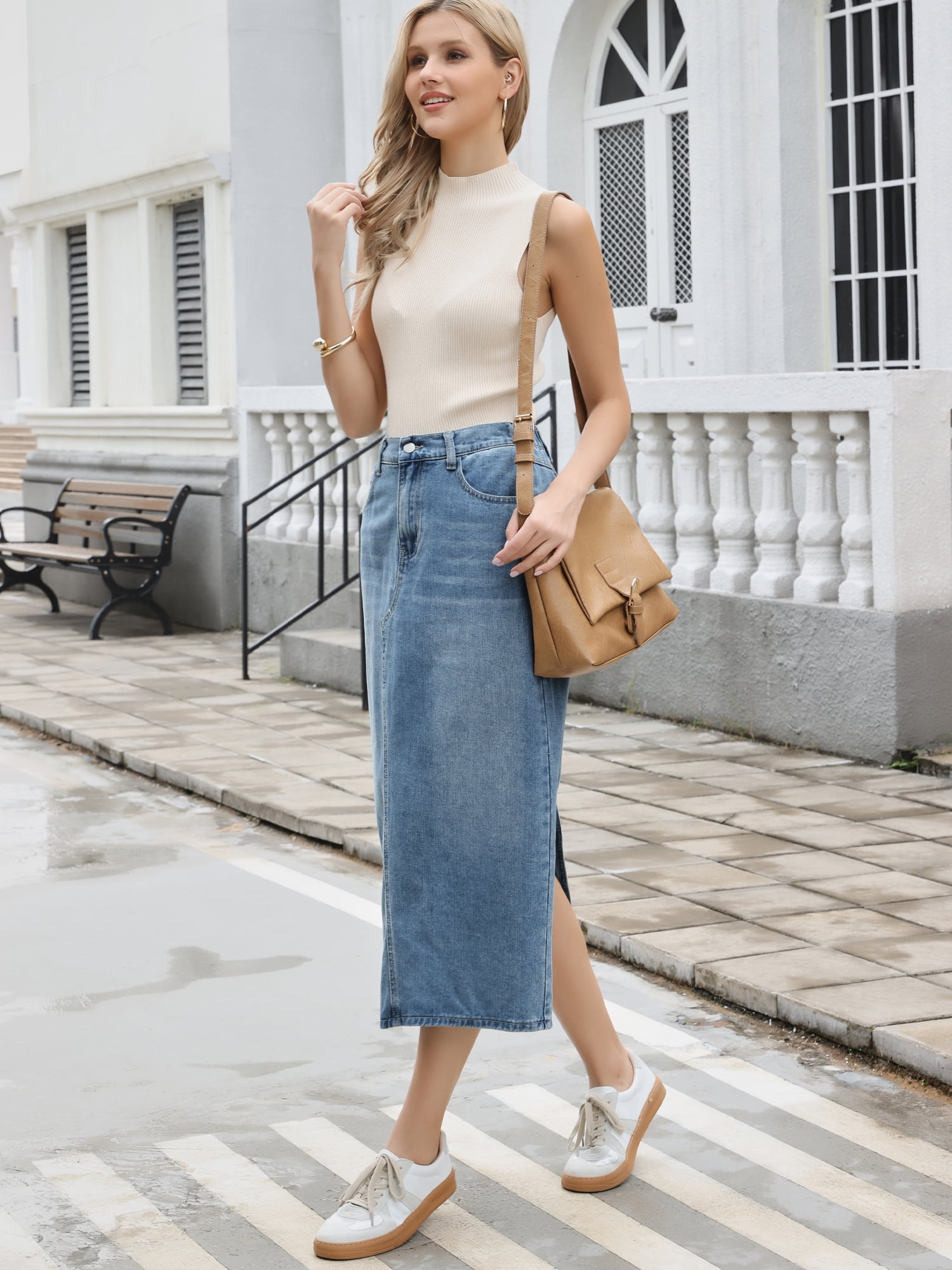DARING DIVA Women's Casual Midi Length Split Back High Waist Long Jean Skirts XS Sky Blue