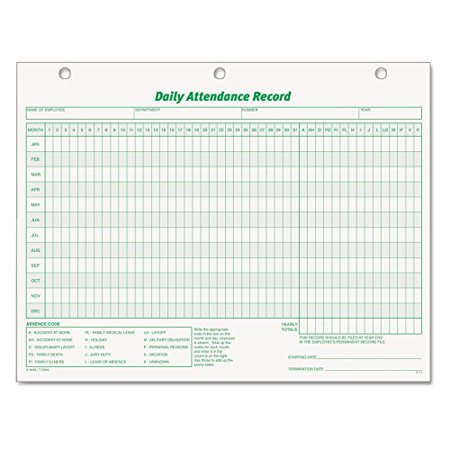 TOPS 3284 Daily Attendance Record, 11-Inch x8-1/2-Inch, 50 Cards, GN Ink/White