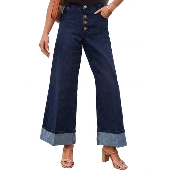Merokeety Womens 2026 Mid Rise Button Fly Baggy Wide Leg Denim Jeans indigo 16