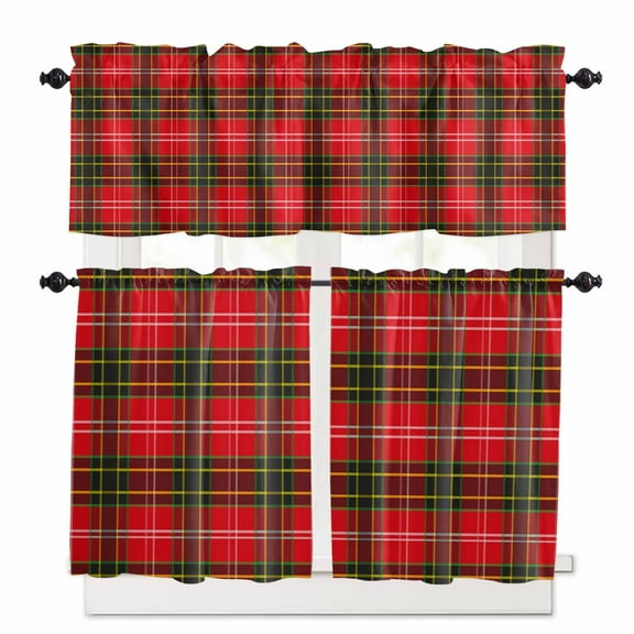Christmas Buffalo Plaid Kitchen Curtains and Valances Set, Retro Green Red Grid Striped Rod Pocket Window Valance 18 Inch Window Curtain Panels for Living Room Bedroom Laundry, 27.5x24in, 3 Pieces