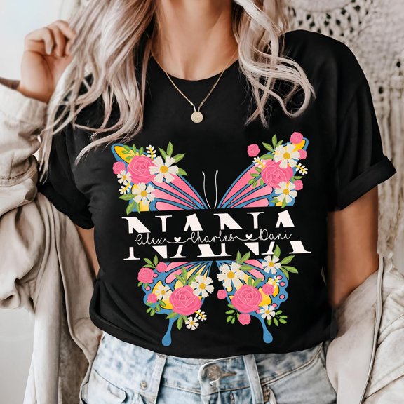 MilkCho Personalized Butterfly Nana Shirt, Floral Mama Tee, Custom Grandma Floral Watercolor Shirt, Mothers Day Shirt Gift For Grandma Lover
