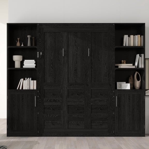 Euroco Wood Queen Size Murphy Bed with Storage Shelves, Wall Bed with Cabinets, Black