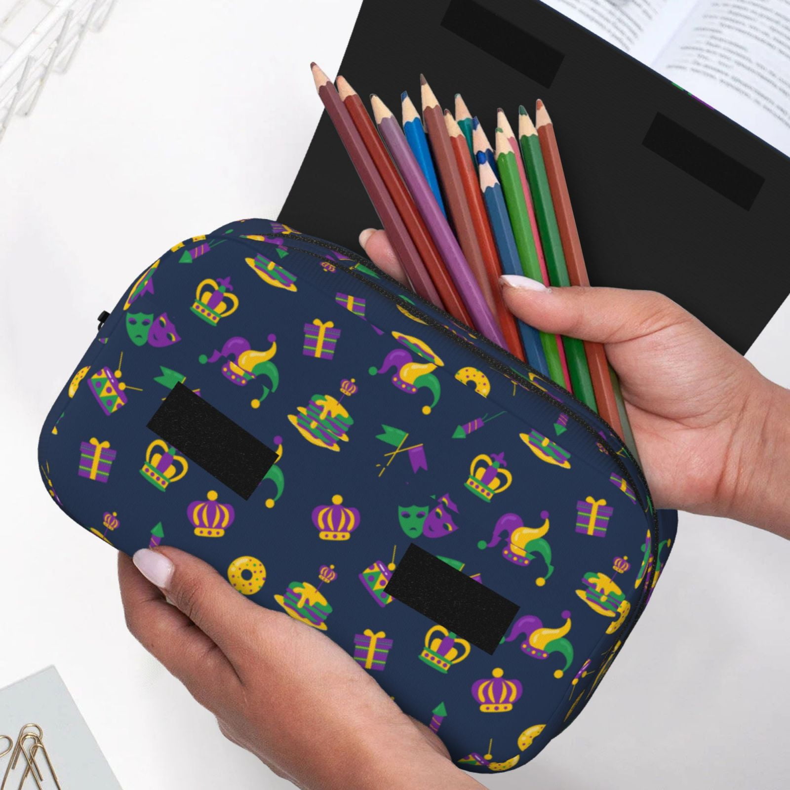 Rateoe Mardi Gras Carnival Pattern Double Clamshell Pen Case, Storage Organizer with Two Zipper Compartments– Holds Up to 50 Pencils & Pens