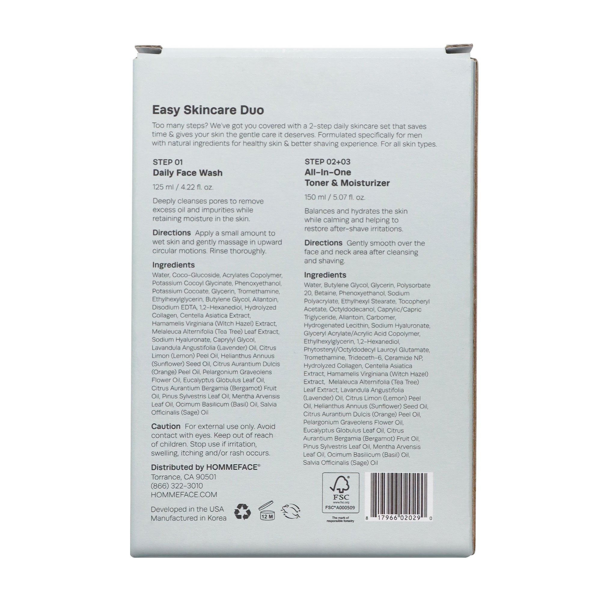 HOMMEFACE Easy Skincare Men's 2-Step Daily Routine Kit, Facial Cleanser and 2-in-1 Face Toner and Moisturizer, For Oily and Acne-Prone Skin, 9.29 fl oz