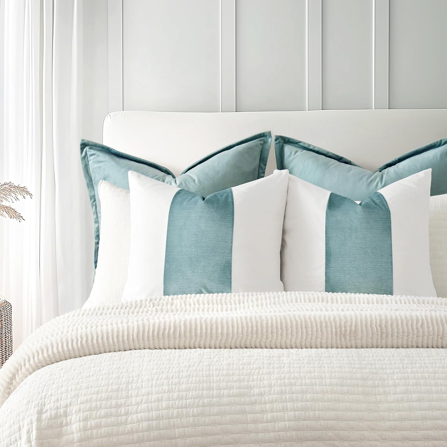 EVERGRACE Walsh Signature Velvet Panel Cotton Pillow Covers Set of 2, Decorative Pillow Covers 20"x20" for Couch, Square Cushion Cases for Sofa Bedroom Living Room, Aquamarine
