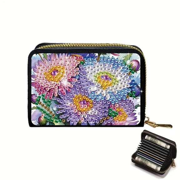 DIY Diamond Painting Kit Card Holder Beautiful Floral Pattern Portable Card Slot Mini Wallet Creative Gift for Storing Bank Cards and Coins