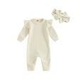 thumbnail image 2 of Aojekbee Baby Girl Fall Waffle Romper Solid Color Ruffled Long Sleeves Round Neck Full Length Jumpsuit with Bow Headband, 2 of 10