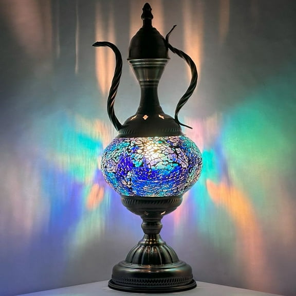 SILVERFEVER Mosaic Turkish Teapot Lamp Moroccan Glass for Table Desk Bedside Bronze Base Bundle with E12 Light Bulb Spring Pastels