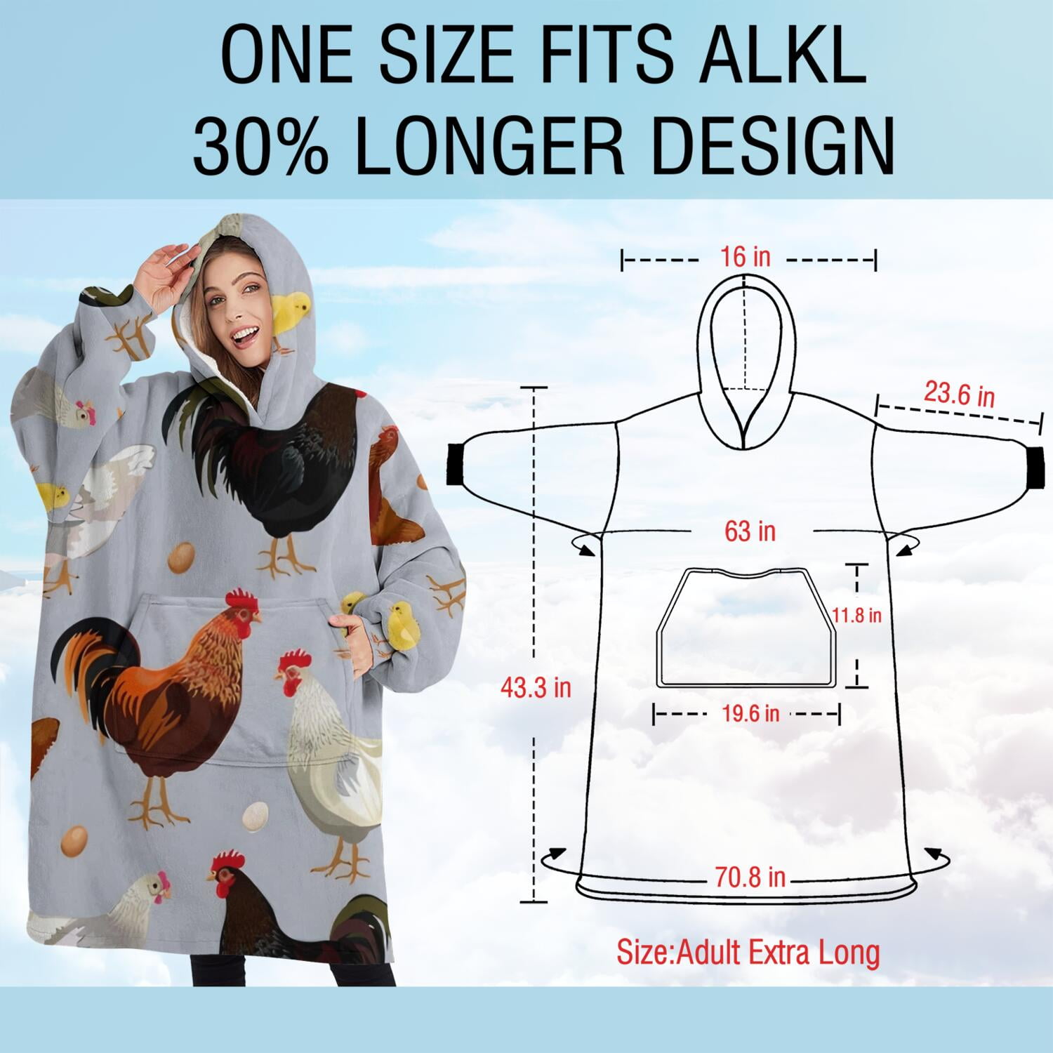 Oversized Wearable Blanket Hoodie,Gray Chicken Chick Egg Pattern Sherpa Blanket Hoodie with Super Pockets,Super Warm Fuzzy Pullover for Women & Men